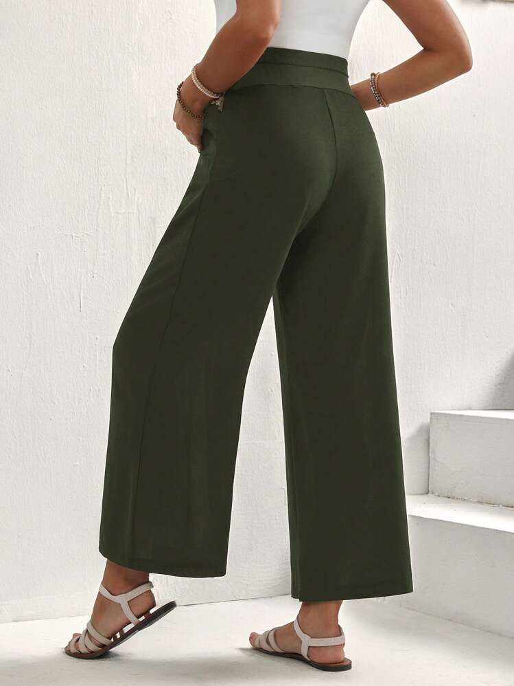 SHEIN Pregnant Women Solid Color Adjustable Waist Wide Leg Casual Pants - Green - View 2