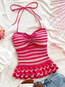 Soleia Women Striped Ruffle Hem Halter Neck Mini Dress Beach Vacation Outfits Spring Summer Outfits For Women - Multicolor - View 1