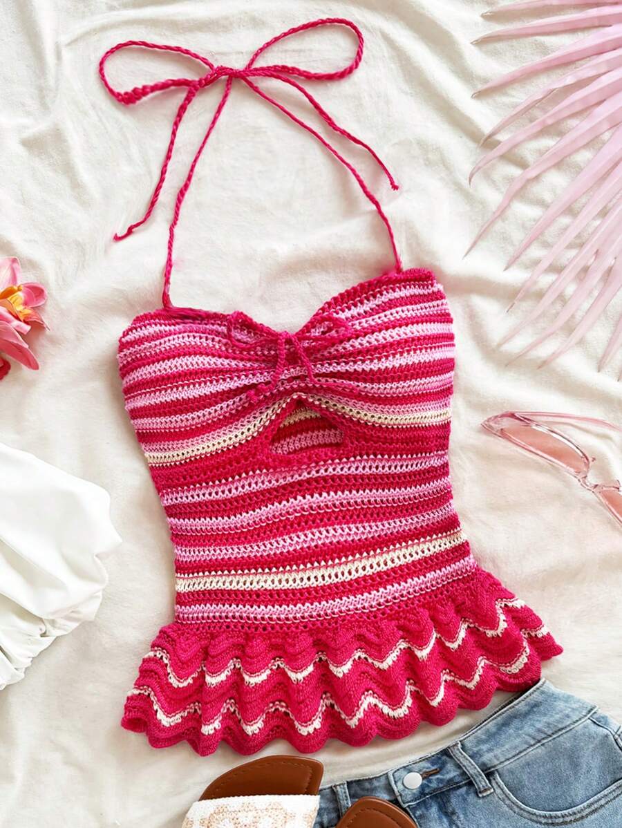 Soleia Women Striped Ruffle Hem Halter Neck Mini Dress Beach Vacation Outfits Spring Summer Outfits For Women - Multicolor - View 1