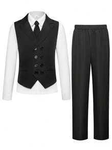 SHEIN 2pcs/Set Tween Boy's Classic Black Business Formal Suit Vest Jacket + Straight Leg Pants, Versatile For Daily Wear, Banquets, Parties, Gatherings - Black - View 3