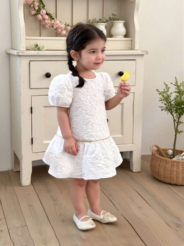 Babygirl 夏季可爱白色纹理短袖连衣裙 - 白色 - 查看 1