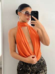 SHEIN ICON Solid Color Plunge Neck Backless Halter Top, Sexy - Orange - View 4