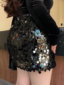 Dazy Plus Plus Size Glitter Party Wrap Mini Skirt, All Season Prom New Years - Black - View 2