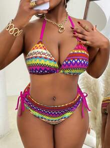 SHEIN Slayr CURVE Conjunto de bikini sexy de 2 piezas de talla grande con tela texturizada y tirantes de amarre, traje de baño para playa y vacaciones