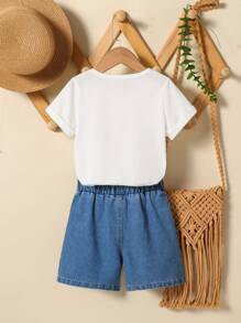 SHEIN 2025 Spring/Summer New Arrival, Casual & Comfortable White Tassel Decor T-Shirt Paired With Simple & Elegant Blue Denim Shorts, Classic Young Girls 2 Pieces Set, Suitable For Daily Wear, Outdoor Activities, And Family Vacation