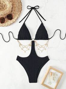 Slaydiva Women's Simple Fashion Solid Color Halter Neck One-Piece Swimsuit For Summer Beach Vacation - Black - View 3