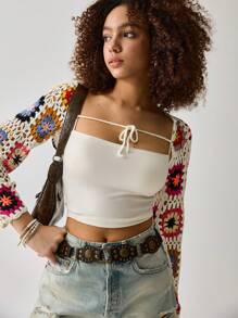 Easelle Summer Beach Vacation Island Crocheted Floral Woolen Cropped Top - Multicolor - View 6