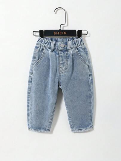SHEIN Playful Pals Babypojke Neutral Grundläggande Söt Dagligen Casual Resår i midjan Kontrastfärgad fåll och platta fickor Ballongjeans
