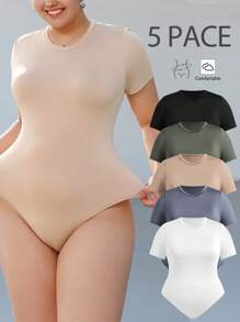 Solflare Plus Size Basic Round Neck Short Sleeve Bodysuit - Multicolor - View 1