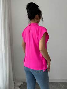 Elenzga Solid Color Sleeveless Pleated Casual Shirt, Suitable For Everyday Wear - Hot Pink - View 2