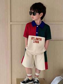 SHEIN 2pcs/Set Young Boy 4-Color Contrasting Polo Collar Short Sleeve T-Shirt & Shorts Set - Multicolor - View 1