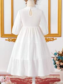 Young Girl V-Neck Embroidery Design Button Elegant Dress - White - View 2