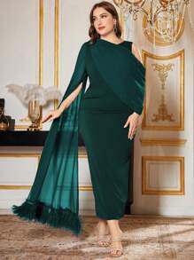 Modelyn Plus Size Elegant Solid Color Fur Trim Asymmetric Extra Long Sleeve Fitted Dress, Spring/Summer - Green - View 1
