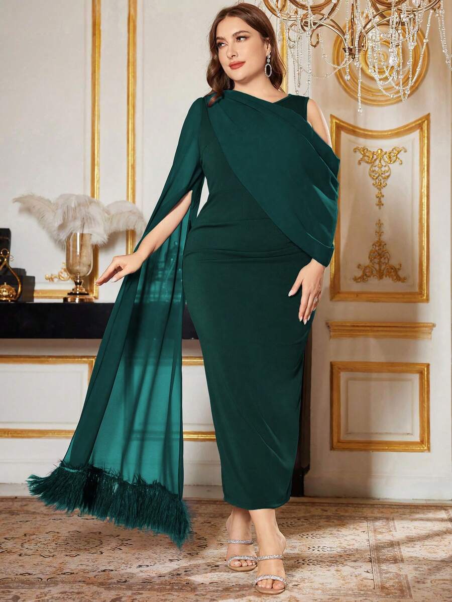 Modelyn Plus Size Elegant Solid Color Fur Trim Asymmetric Extra Long Sleeve Fitted Dress, Spring/Summer - Green - View 1