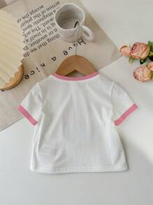 SHEIN Cute Cartoon Floral Print, Baby Girl Casual Simple Crew Neck Short Sleeve Top, Suitable For Summer - White - View 3