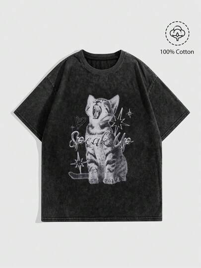 Grunge Punk Camiseta holgada con estampado de gato lindo, lavado ácido, estilo vintage para mujer, unisex para la escuela