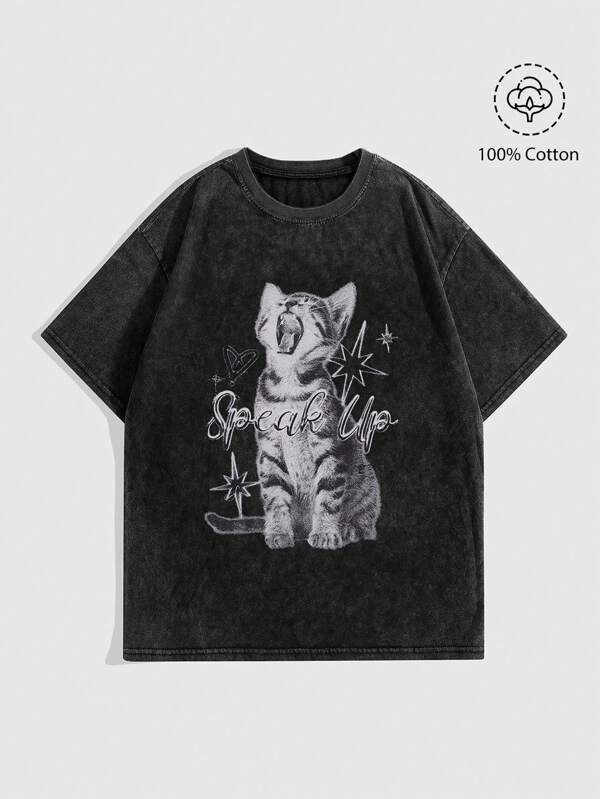 ROMWE Grunge Punk Camiseta holgada de mujer con estampado vintage lavado, tela efecto freír copos de nieve con estampado de gato lindo, unisex para la escuela