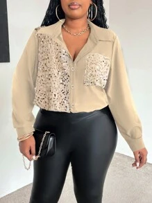 Maweii 大码女式彩色亮片拼布立领长袖优雅派对衬衫，适合感恩节女式衬衫 - 杏色 - 查看 5