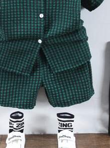 SHEIN Young Boy Gingham Button Up Shirt & Shorts - Dark Green - View 5