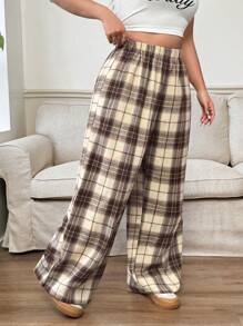 Solflare Plus Size Women's Plaid Pants,Black & White Plaid Elastic Waist Pockets Wide Leg Casual Loose Pants,Women Winter Clothes