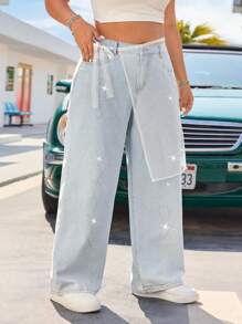 SHEIN EZwear Plus Size Mulheres Bolso Coração Strass Decoração Perna Larga Relaxed Fit Jeans - Lavagem leve - Ver 1