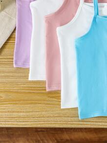 SHEIN Genkimix Kids 5 件/包年轻女孩牛奶丝简约吊带背心上衣带蝴蝶结，休闲舒适针织内衣，适合日常穿着 - 彩色 - 查看 4