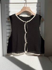 Comfortcana Western Boohoo  Summer Women Contrast Color Trim Front Button Sleeveless Knit Top - Black - View 1