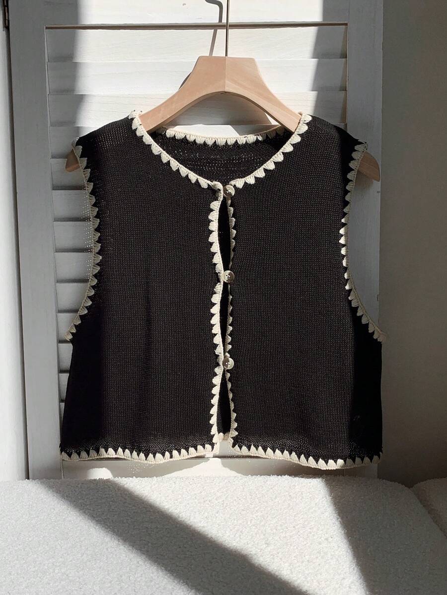 Comfortcana Western Boohoo  Summer Women Contrast Color Trim Front Button Sleeveless Knit Top - Black - View 1