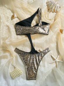 SHEIN Swim Costum de baie dintr-o bucată, sexy, cu imprimeu de piele de șarpe, decolteu asimetric, fără sârmă, croială înaltă, cu gol, pentru femei