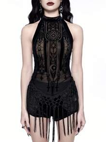 ROMWE Goth 性感哥特宫廷图案植绒流苏吊带背心