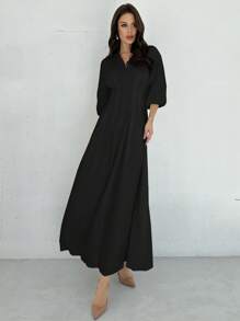 Firerie 白色 V 领灯笼袖 A 字中长连衣裙，优雅办公室通勤度假浪漫温柔褶皱腰裙，适合女性，秋季 - 黑色 - 查看 5