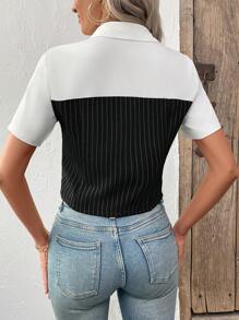SHEIN Clasi 女士短款条纹短袖休闲衬衫 - 黑與白 - 查看 2