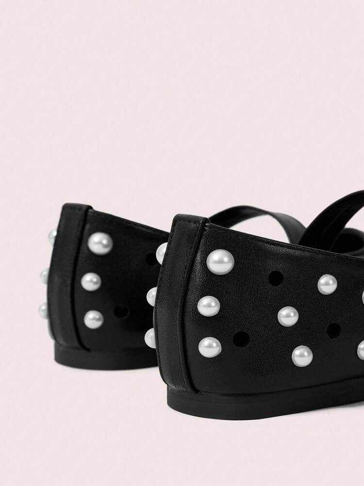 CUCCOO DOLLMOD Women's Summer New Style Pearl Hollow Perforated Vamp Square Toe Flat Sweet Cute College Style Black Flat Mary Jane Shoes, Ideal For Dates & Ballet Flats