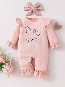 Newborn Cute Ribbed Ruffle Trim Rabbit Embroidery Romper & Headband Set, Comfortable Home Outfit - Dusty Pink - View 1