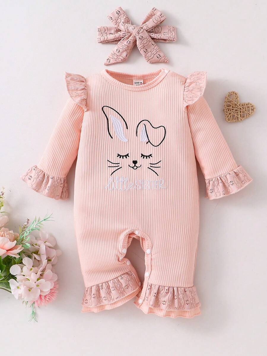 Newborn Cute Ribbed Ruffle Trim Rabbit Embroidery Romper & Headband Set, Comfortable Home Outfit - Dusty Pink - View 1