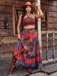 Breezaya تنورة على شكل حرف A مطبوع عليها طبعة عتيقة للإجازة الصيفية مقاسات كبيرة الحجم