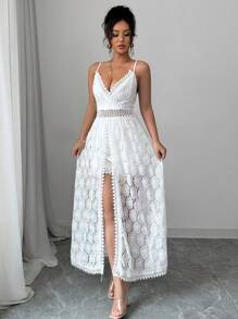 Chiquease 女士花朵蕾丝开衩下摆吊带连体裤