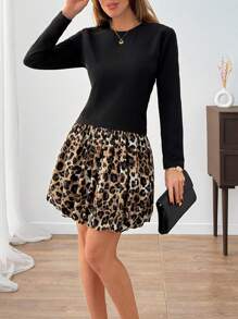 SHEIN Cottnline Leopard Balloon Skirt Long Sleeve Everday Chic Girl Dress - Black - View 5