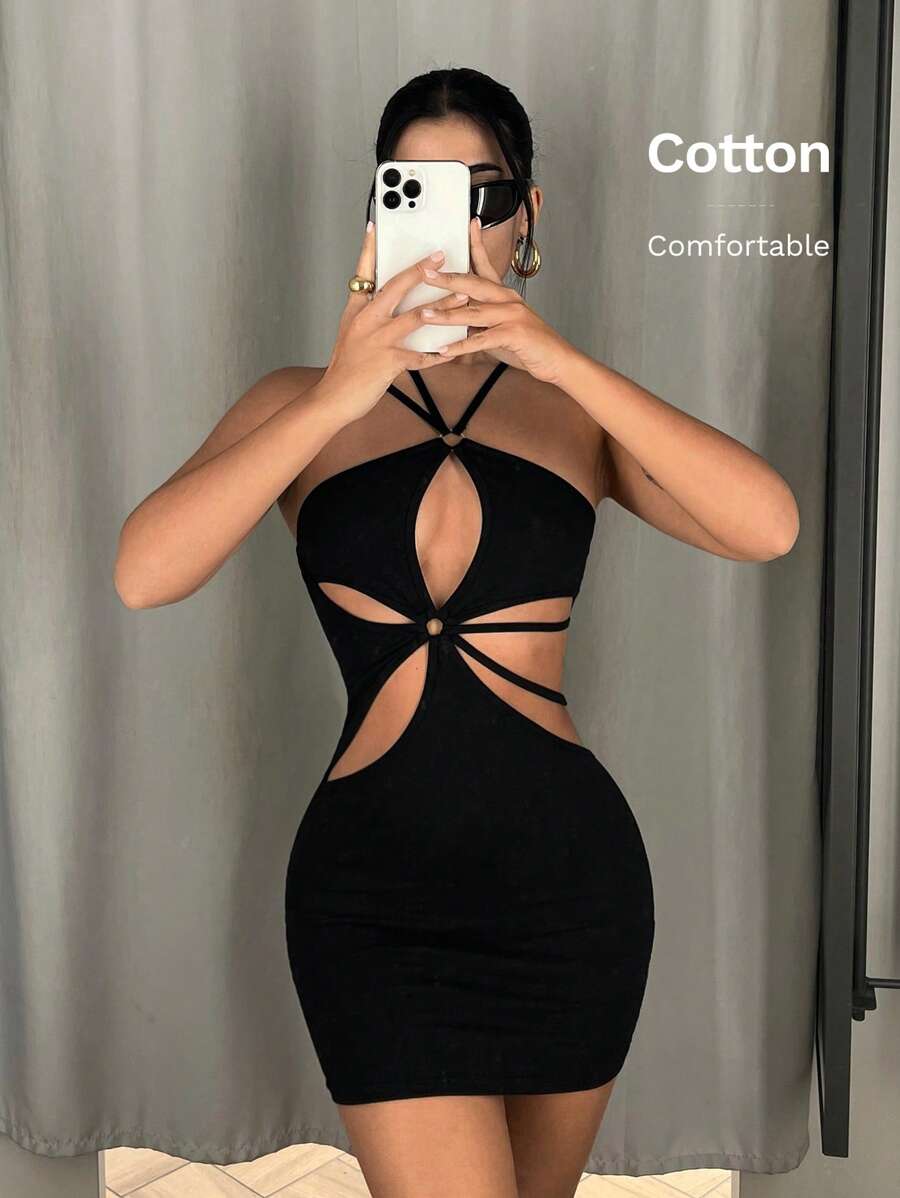 SHEIN ICON Figurbetontes Kleid mit Ausschnitt, Kreuzgurt auf Rücken, - Schwarz - Übersicht 1