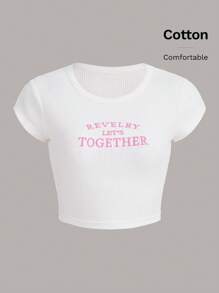 SHEIN ICON Áo thun nữ Thêu Slogan Giải trí - trắng - Xem 4