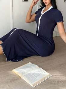 SHEIN 优雅拼色长裙，女士家居服 - 藏蓝色 - 查看 6