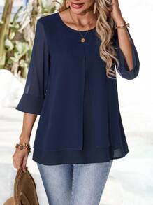 EMERY ROSE 女士度假休闲纯色前开叉二合一衬衫 - 藏蓝色 - 查看 4