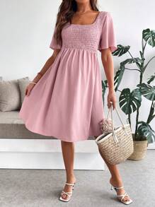 SHEIN Vestido de maternidad, de manga corta, de unicolor con escote cuadrado, minimalista y de moda - Rosa - Ver 4