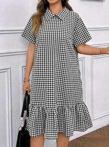 SHEIN LUNE Vestido casual de manga corta para mujer talla grande con cuello y volantes en el bajo a cuadros