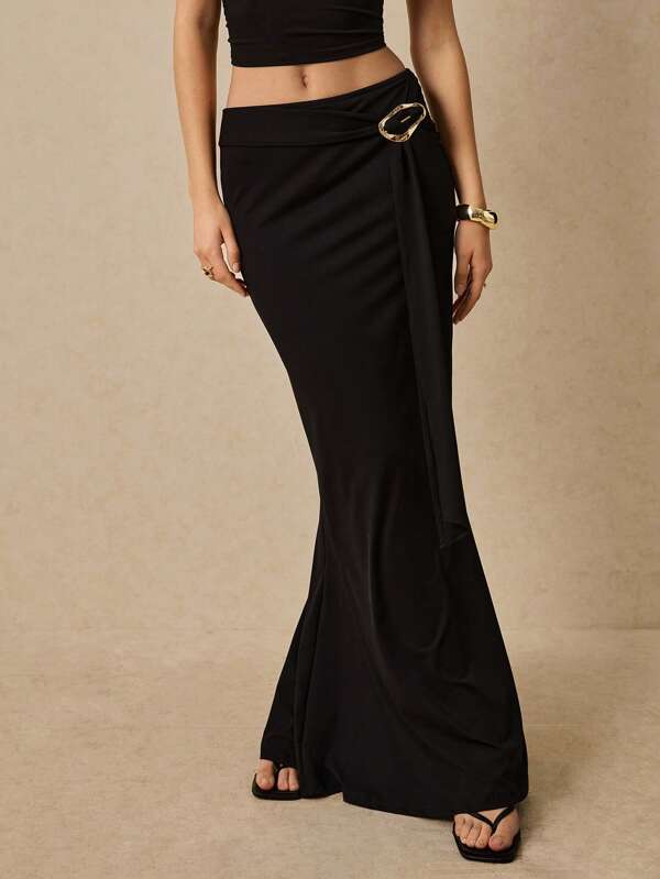 Poéselle Women's Elegant Metal Decor Low Waist Mermaid Maxi Skirt,Old Money,Vacation Outfits Women,Spring Break Outfits