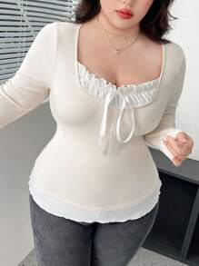 Flirla Áo thun dài tay thắt nơ 2 trong 1 cỡ lớn cho nữ, áo thun họa tiết mùa xuân và thu cho nữ - Màu be - Xem 6