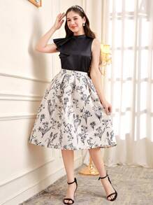 SHEIN 2件套少女舒适优雅泡泡袖蝴蝶结纯色衬衫和图案裙