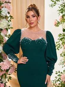SHEIN Belle Plus Size Elegant Dark Green Vintage Puff Sleeve Long Sleeve Beaded Sheer Neck Midi Bodycon Evening Dress, Wedding Guest Dress, Party Dress, For Cocktail