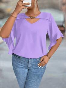 SHEIN Clasi Plus Size Hollow Collar Chain Decor Flared Sleeve Plain Shirt - Mauve Purple - View 4