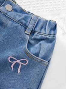 Young Girl' Casual Soft Washed Denim Shorts With Bow Print, Fashionable Comfortable Streetwear Shorts, Suitable For Vacation, Summer - Medium Wash - View 5